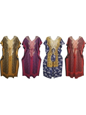 Mogul 4PC Womens Cotton Kimono Caftan Printed Beach Cover up Resort Wear Summer Style Maxi Kaftan Dress 4XL