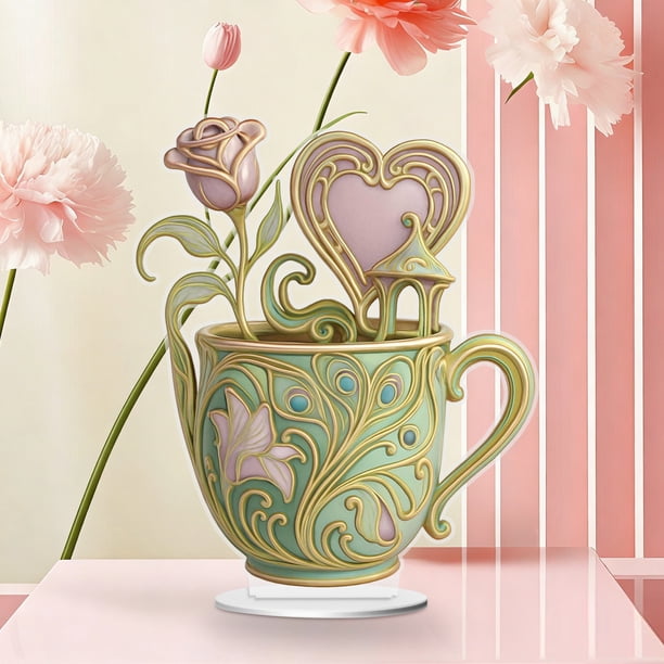 Regalo romántico de adorno de taza de té | Decoración acrílica en forma de corazón 15cm | Juego de tazas de té con temática de amor, platillo a juego, cuchara para remover | Acabado brillante