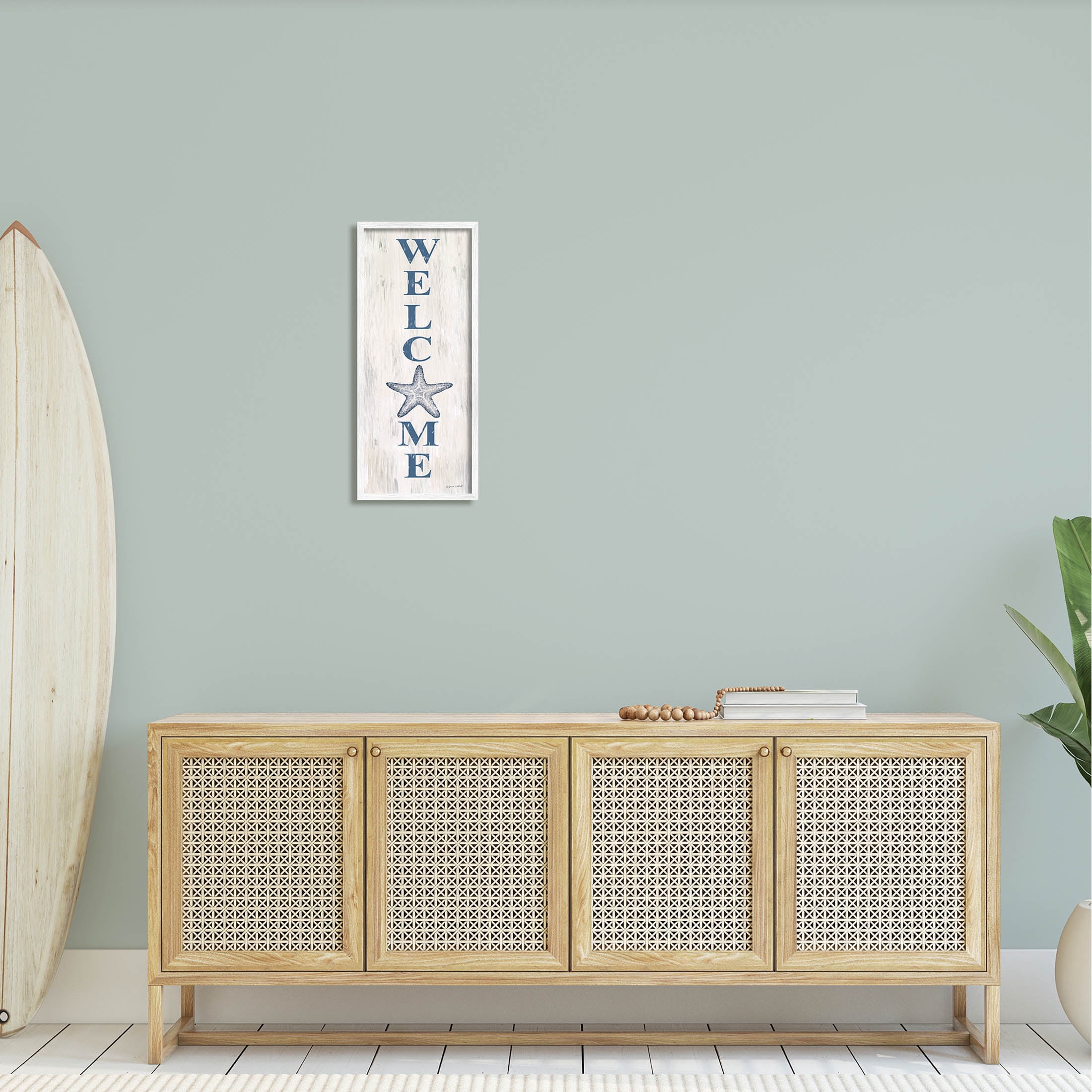 Welcome Starfish Phrase Sign Coastal Graphic Art White Framed Art Print Wall Art