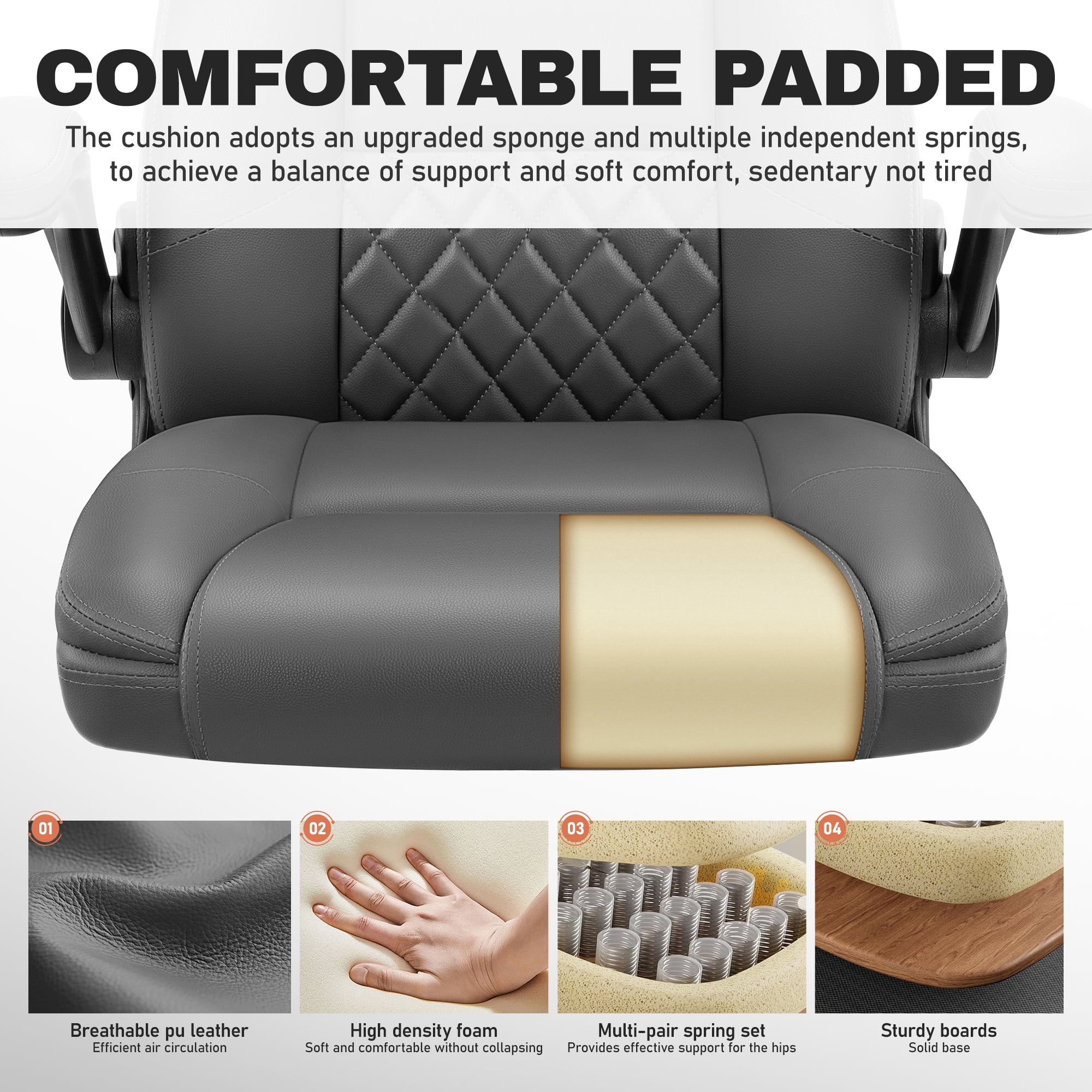 COOLHUT Office Chair, Executive Leather Chair Home Office Desk Chairs, Computer Chair with Adjustable Flip-up Padded Arms, Lumbar Support Swivel Desk Chair with Adjustable Hight and Tilt, Dark Gray