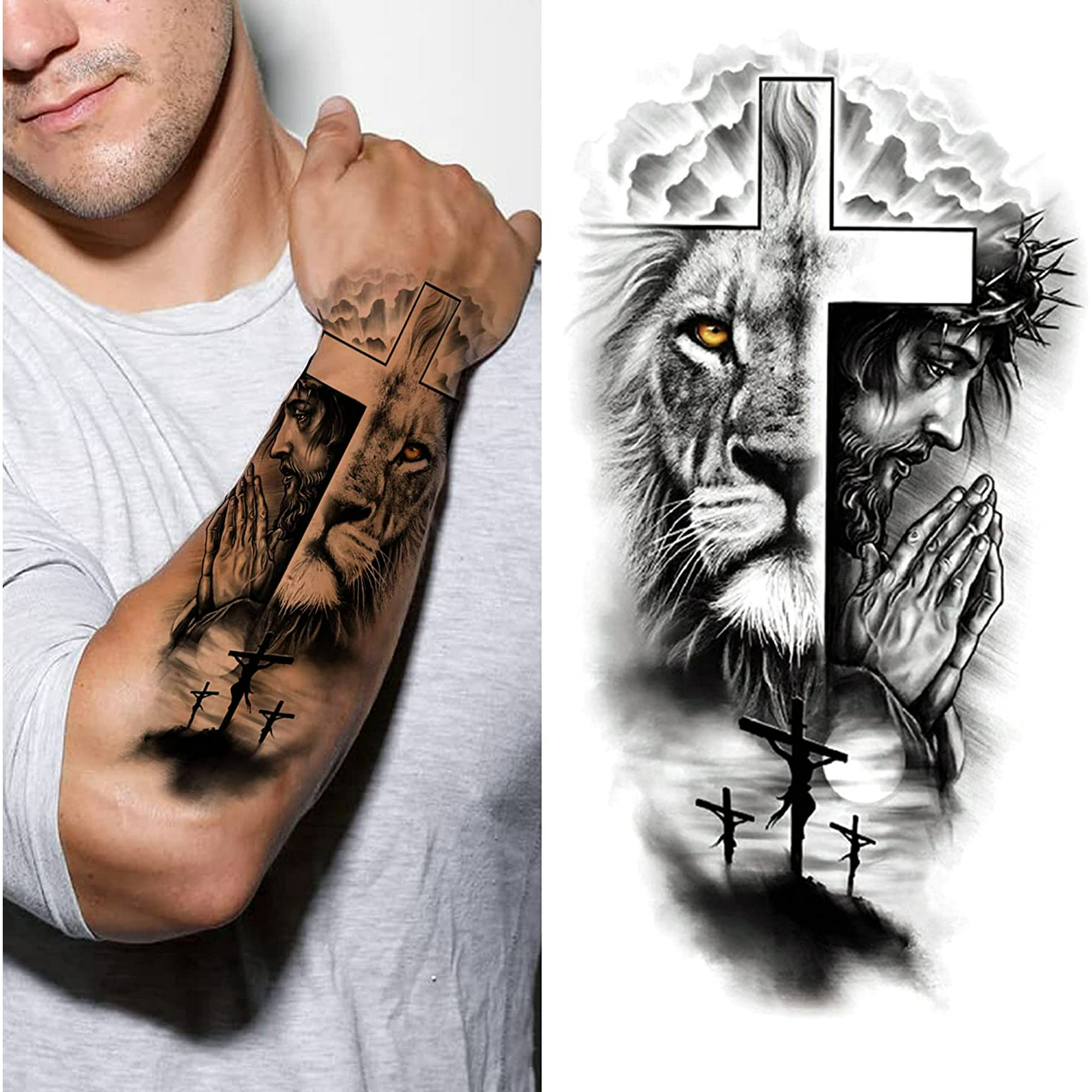 7pcs God Cross Lion Temporary Tattoos For Men Women Realistic Compass Lion  Fake Tatoos Forearm Jesus Christ Thigh Tattoo Sticker AXQB380 | Walmart  Canada