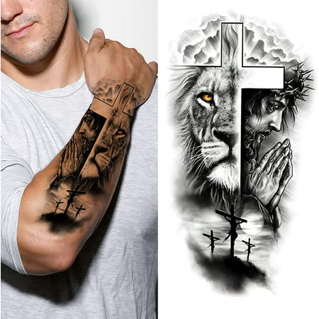 7pcs God Cross Lion Temporary Tattoos For Men Women Realistic Compass Lion  Fake Tatoos Forearm Jesus Christ Thigh Tattoo Sticker AXQB380 | Walmart  Canada