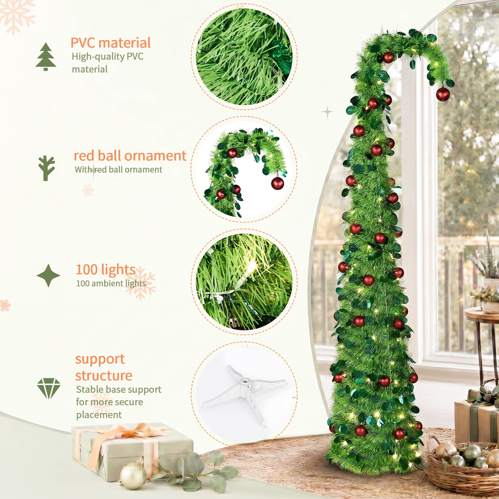 Astoutdoor 6 ft Green Bent-Top Telescopic Christmas Tree with Red Ball Ornaments, 100 Warm White LED Lights, 8 Modes, Battery Operated, PVC Pop-Up Holiday Tree