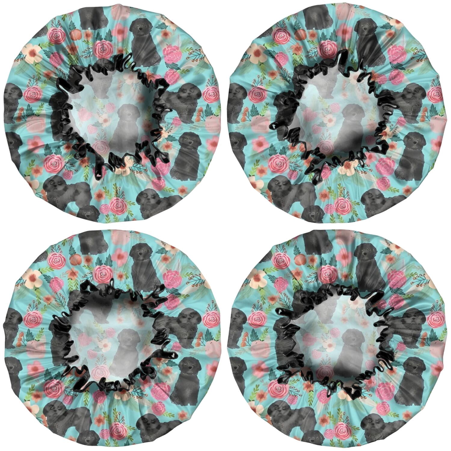 Shower Caps,Bichon Dog Blue Florals Waterproof Shower Cap for Women 4 Pieces,Double Reusable Hair Cover for Shower PEVA Elastic Stretch Hem