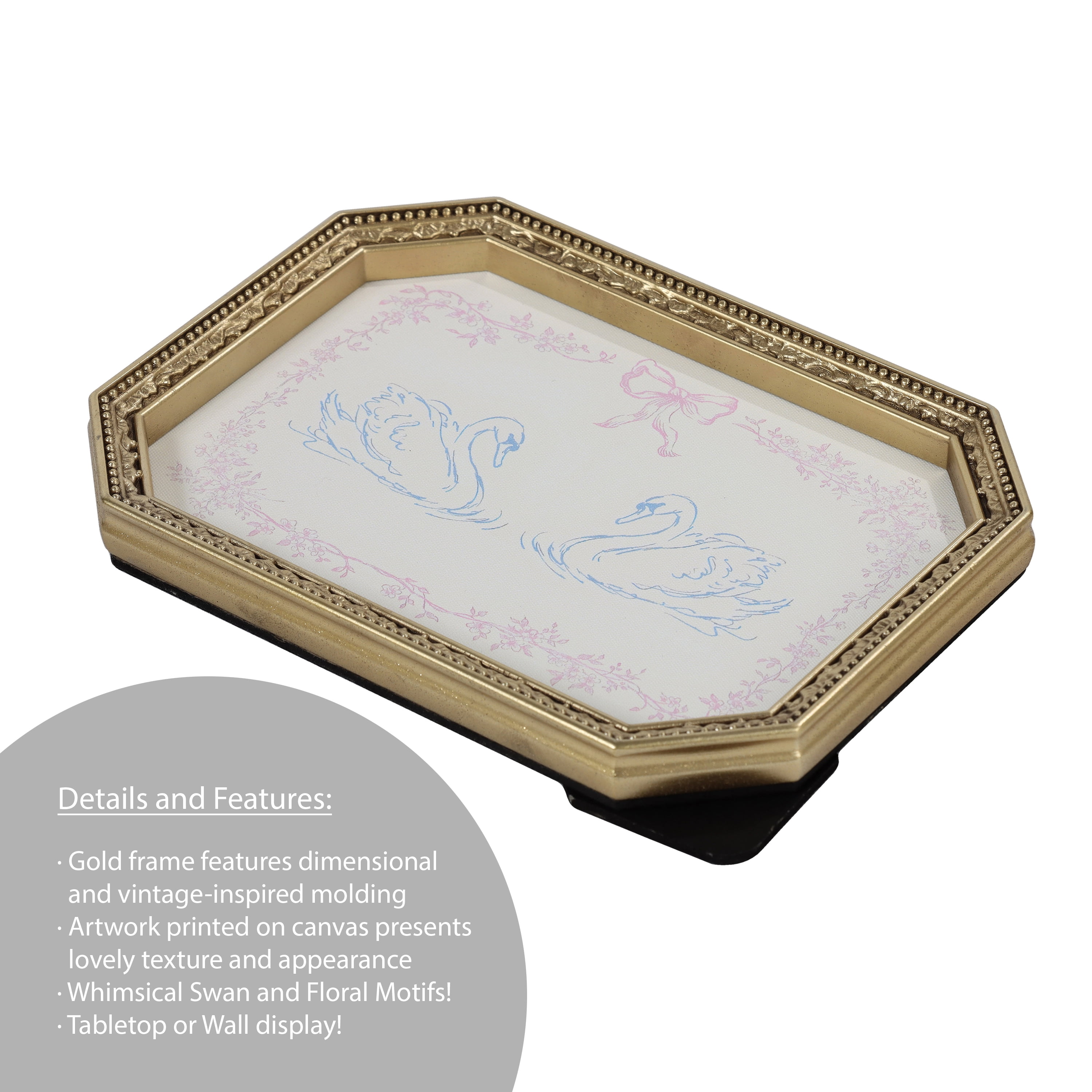 Mainstays Gold Frames Canvas 7.56"x5.59" Art with Blue Swan and Pink Floral