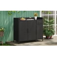 thumbnail image 3 of 47.5"W Wicker Outdoor Storage Cabinet with Tempered Glass Desktop, Weather-proof Rattan Bar Table with Three Doors, Adjustable Shelf, and One Drawer, for Outdoor Cushions, Pool Toys , Black Brown, 3 of 33