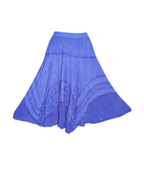 Mogul Womens Maxi Skirt Blue Embroidered Peasant Flare Skirts