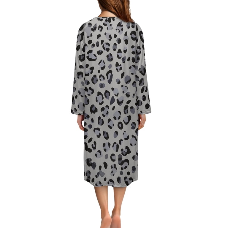 Yuyamidu Gray Leopard Print Women's Bathrobe Zipper Front Bath Robes Sexy Long Sleeve Robe Size 4XL Skin-Friendly Crewneck House Coat for Women Mid-Length Dressing Gown