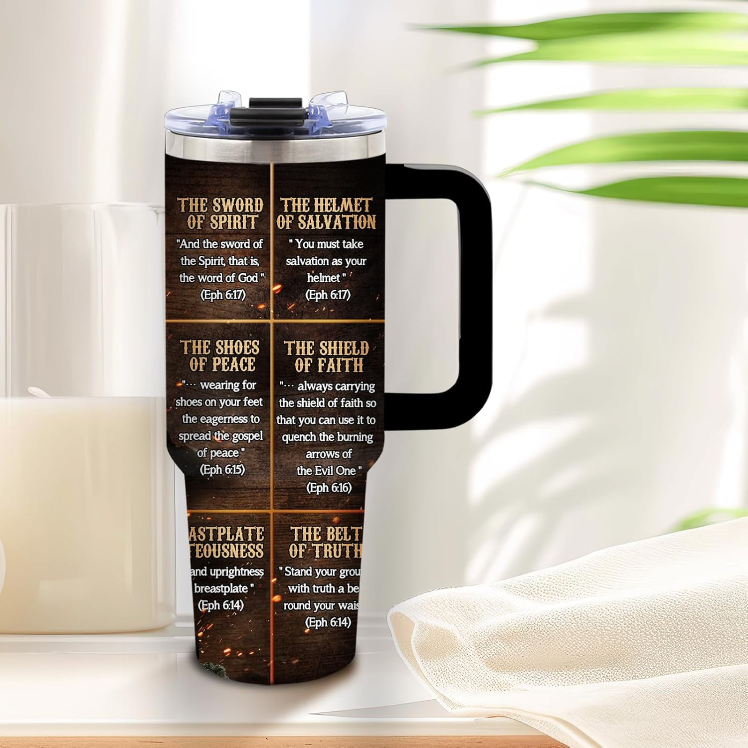 Armor of God Tumbler 40 Oz, Inspirational Christian Design, Stainless Steel Insulated Mug with Bible Verse, Christmas Gift for Religious Individuals, Spiritual Seekers, and Fantasy Fans
