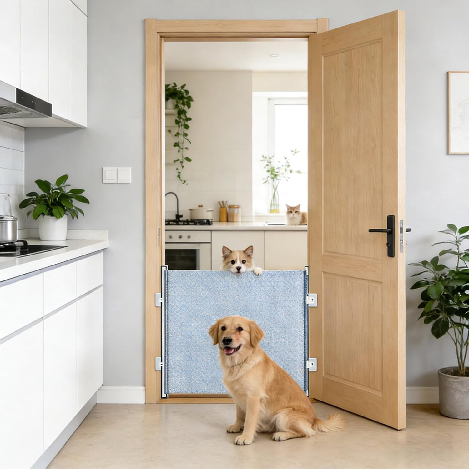 Retractable Dog Gate - Pet Safety Barrier Door,No Drilling Extendable Stairway Puppy Guard Cat Small Animals Gate for Door Frame Porch Patio Balcony Fence Driveway (49.2''W×22.8''H)