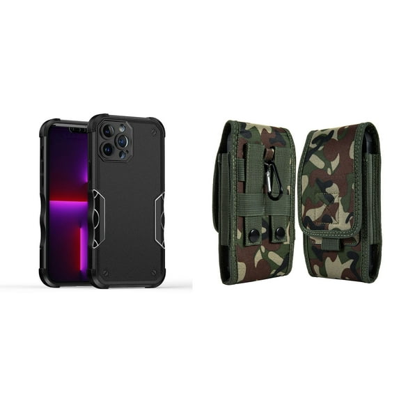 Case with Belt Holster Bundle for iPhone 14 Pro Max: Slim EX Hybrid Series Shockproof Case (Black) and Vertical Rugged Nylon Phone Pouch (Green Camo)