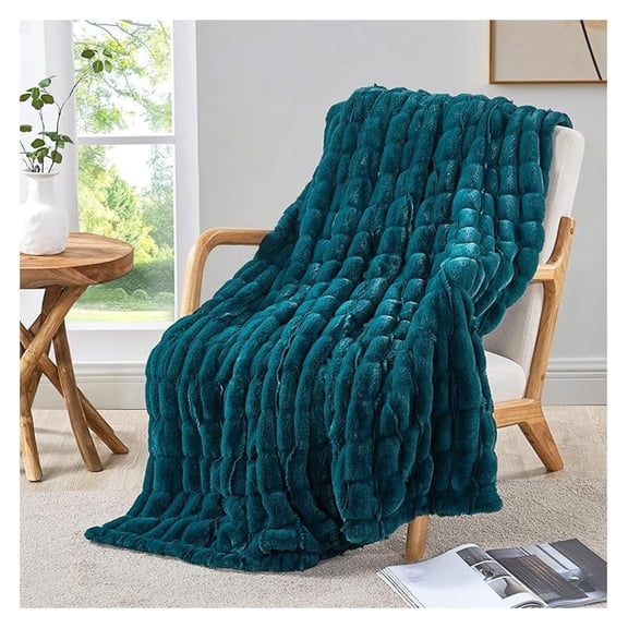 Ruched Spandex Luxury Faux Fur Throw Blanket Reversible to Cozy , Soft Plush Warm Fuzzy Blanket for Couch, Bed, Sofa Fluffy Decorative Blankets, 50"x60", Dark Teal