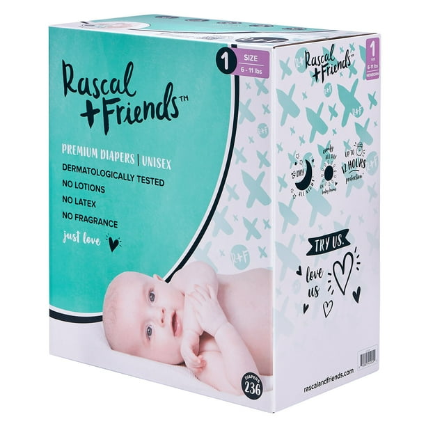 Rascal + Friends Premium Diapers, Size 1, 236 Count