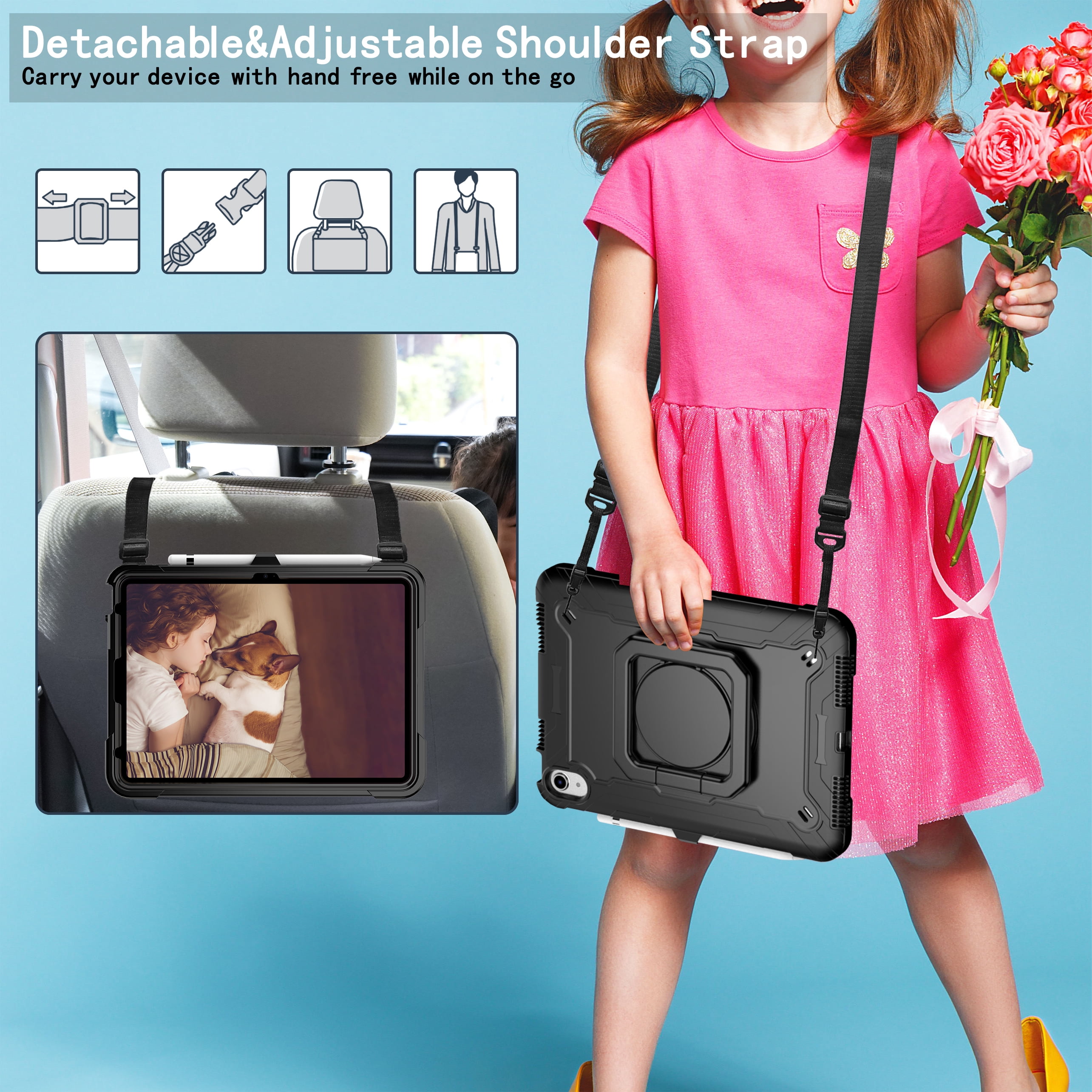 Dteck iPad 10th Generation Case, New iPad 2022 10.9 inch Rugged Case with Screen Protector, Rotating Stand/Pencil Holder/Carrying Shoulder Strap,Black