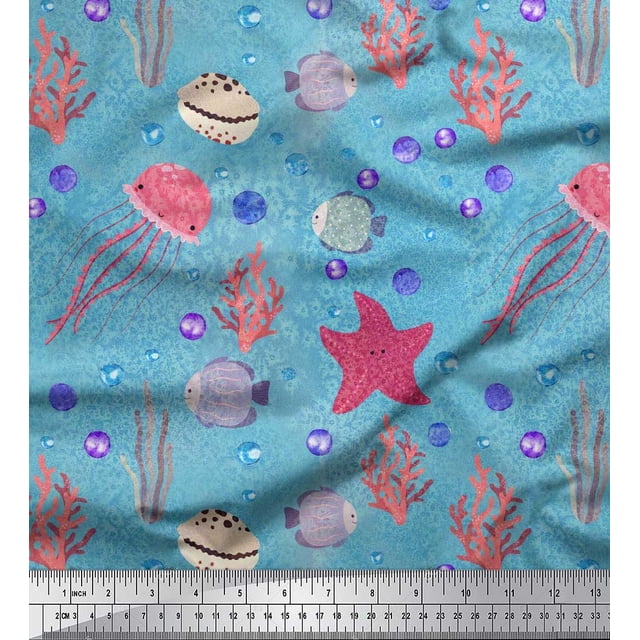 Soimoi Silk Fabric Fish,Coral & Jellyfish Ocean Print Sewing Fabric Yard 42 Inch Wide