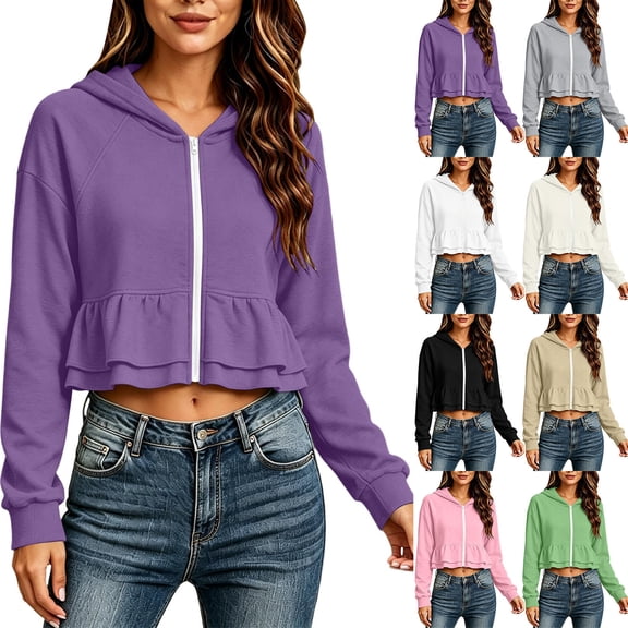 Womens Casual Hoodie Sweatshirt Full Zip Long Sleeve Ruffle Flared Hem Hooded Tops Casual Daily Look.