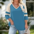 thumbnail image 4 of Qiopertar Plus Size Color Block V-Neck 3/4 Sleeve Tops for Women Loose Casual Fashion T-Shirts Relaxed Oversized Tees, Sky Blue 3XL, 4 of 6