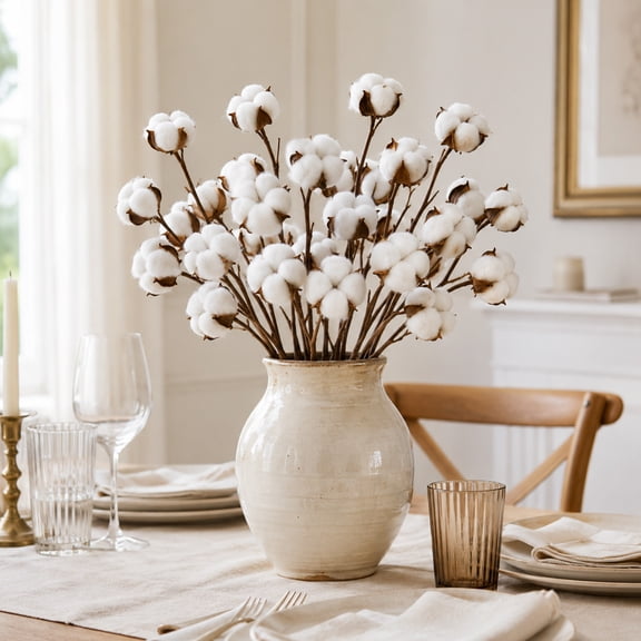 Artificial Cotton Stems Dried Cotton Flowers Faux Branches Farmhouse Rustic Floral Arrangement Vase Filler Wedding Home Table Decor Natural Style Decoration Living Room Shelf Accent