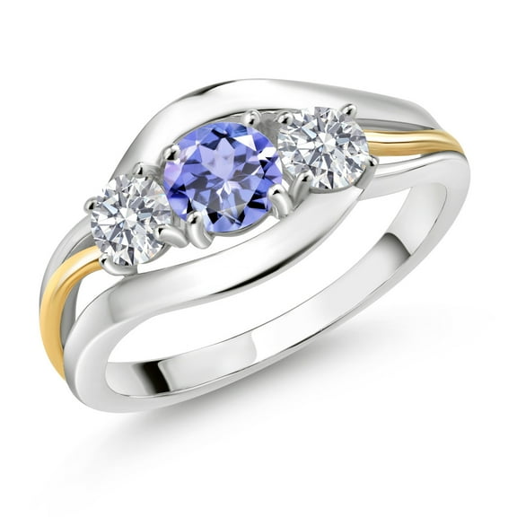 Gem Stone King 925 Sterling Silver and 10K Yellow Gold Round Blue Tanzanite and White Lab Grown Diamond 3 Stone Ring for Women (1.00 Cttw, Available in Size 5, 6, 7, 8, 9)
