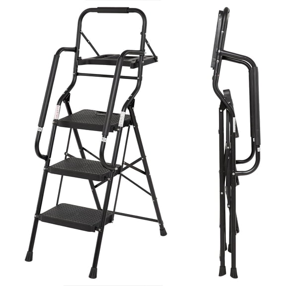 3 Step Ladder with Handrails Folding Step Stool with Tool Plateform & Anti-Slip Wide Pedal, Ladders for Home Kitchen Pantry Office, 330 lb Sturdy Steel Ladder for Adults Portable