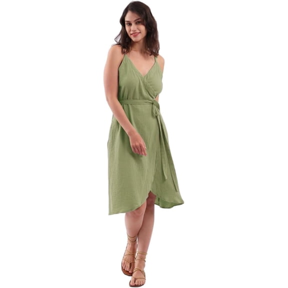 Amazhiyu Womens Cotton Summer Spaghetti Strap Sleeveless Midi Wrap Dress Pockets