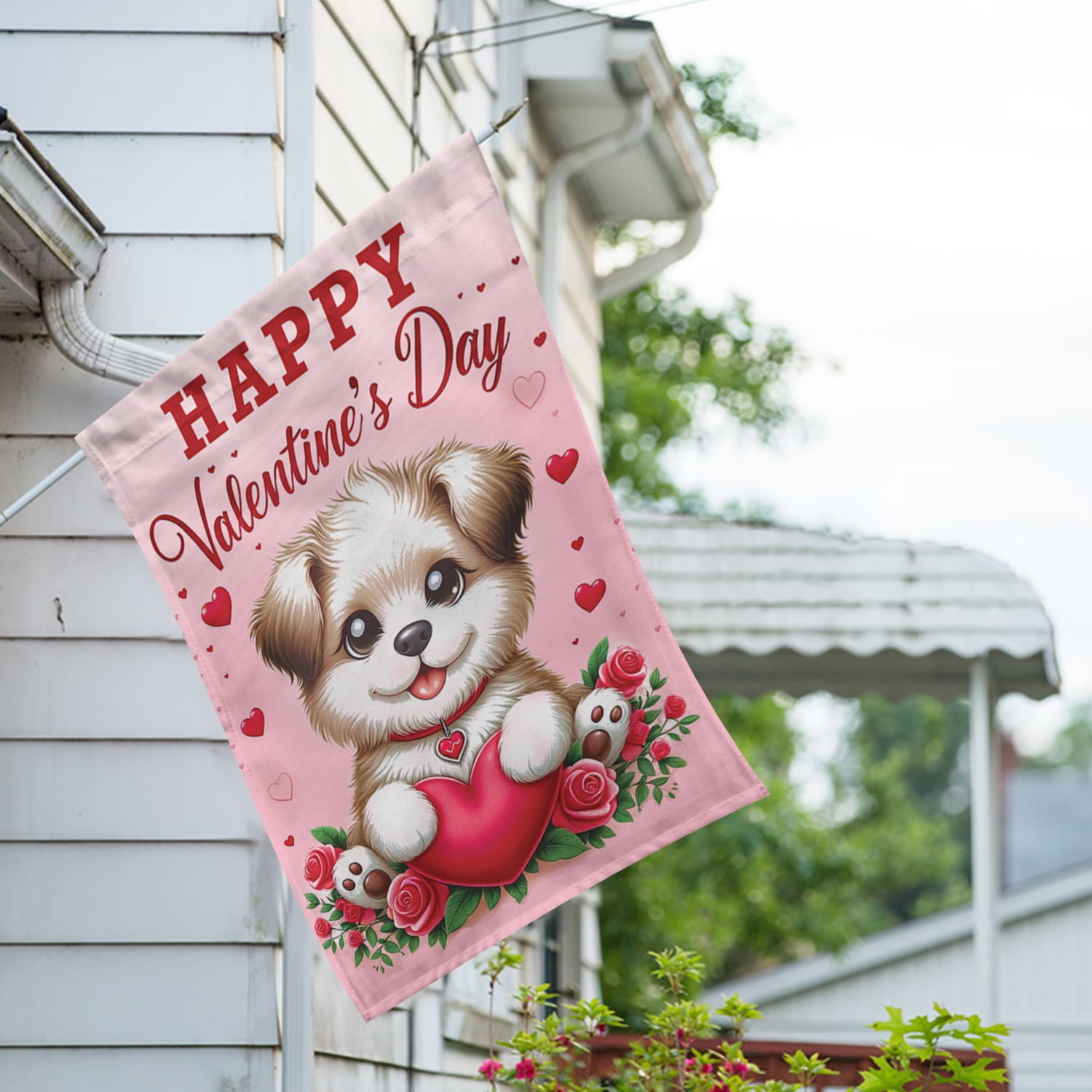 America Forever Puppy Love Valentine's Greeting House Flag, 28 x 40 inch Double Sided, Happy Valentine's Day Dog Banner, Hearts Roses Pet Outdoor Decor