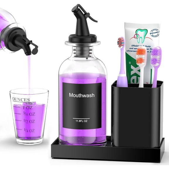 Bathroom Glass Mouthwash Dispenser with Cup Black Toothbrush Holder Set Stainless Steel 11.8OZ Clear Nozzle Mouth Wash Diatomite Tray,Decor Accessories