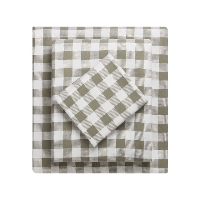 Twin size HOMETRENDS 3-piece tan buffalo check flannel sheet set folded.