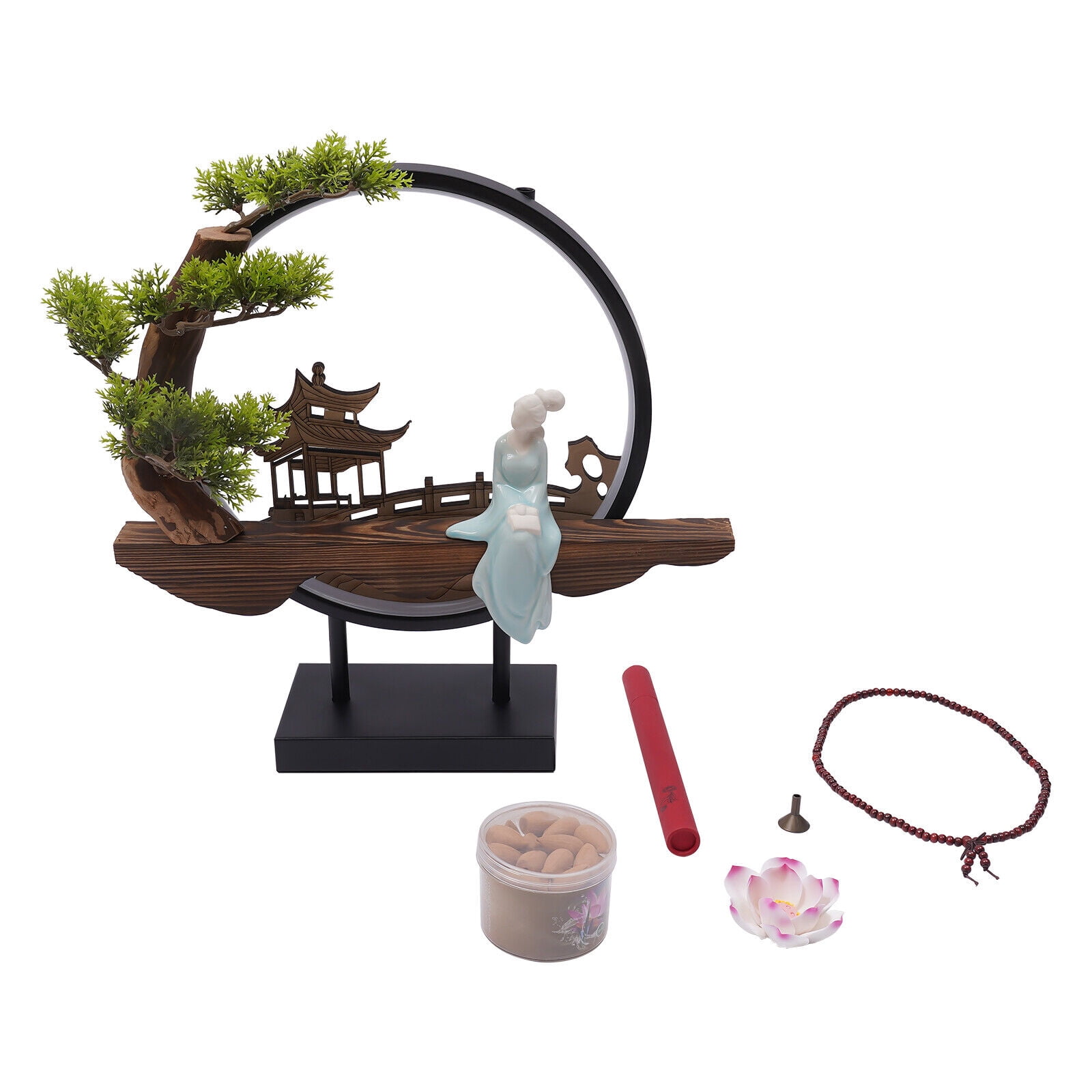 Miumaeov Backflow Incense Holder with LED Light Ring Chinese Style Handmade Flower Censer Incense Burner Home Decor Ornament Incense Holders with Backflow USB Cable