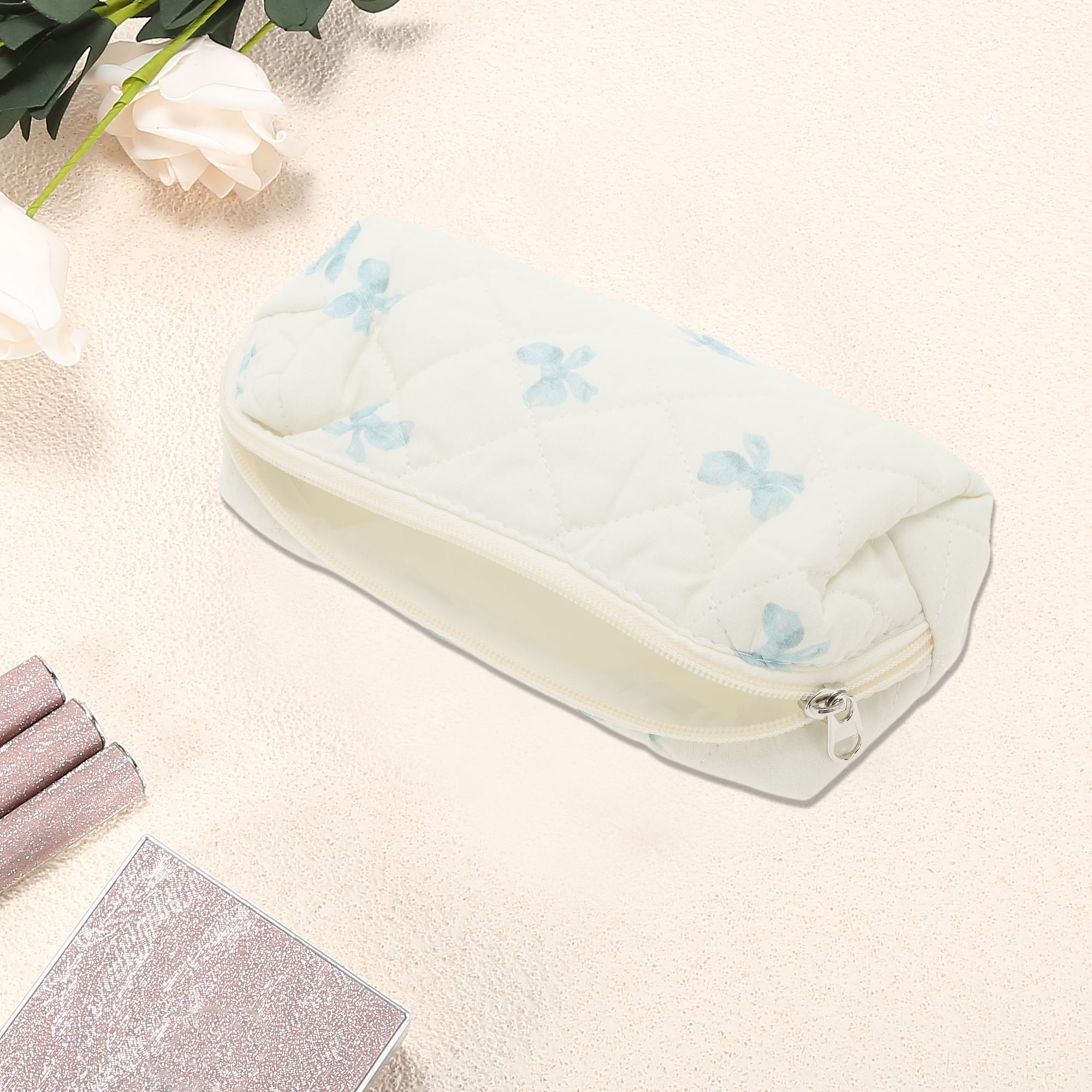 Unique Bargains 1 Pc Durable Bow Quilting Makeup Bag with Smooth Zipper White, Blue