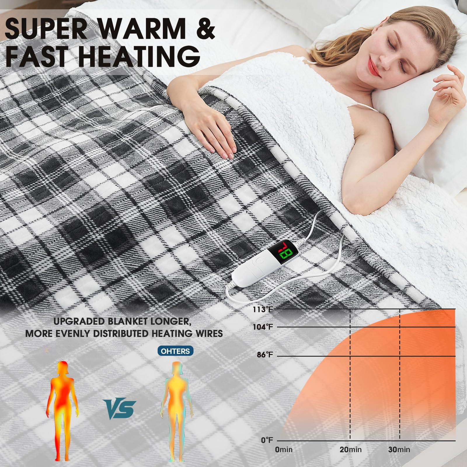 Black Heated Blanket Electric Throw  50x60 Heating With 10 Heats Levels & 8 Hours Auto Off Plaid Soft Sherpa Blankets Warmer Gifts For Men Dad Home Decor Living Room Bedroom Office