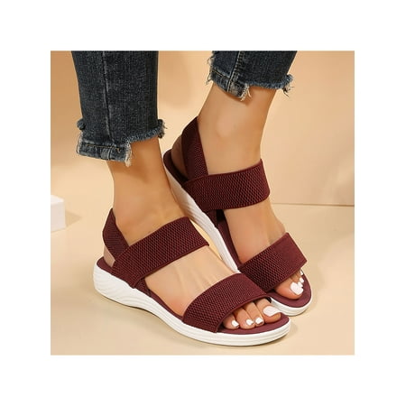 

Sanviglor Ladies Sandals Ankle Strap Flat Sandal Beach Casual Shoes Sports Comfort Elastic Band Lightweight Wedge Wine Red 8.5