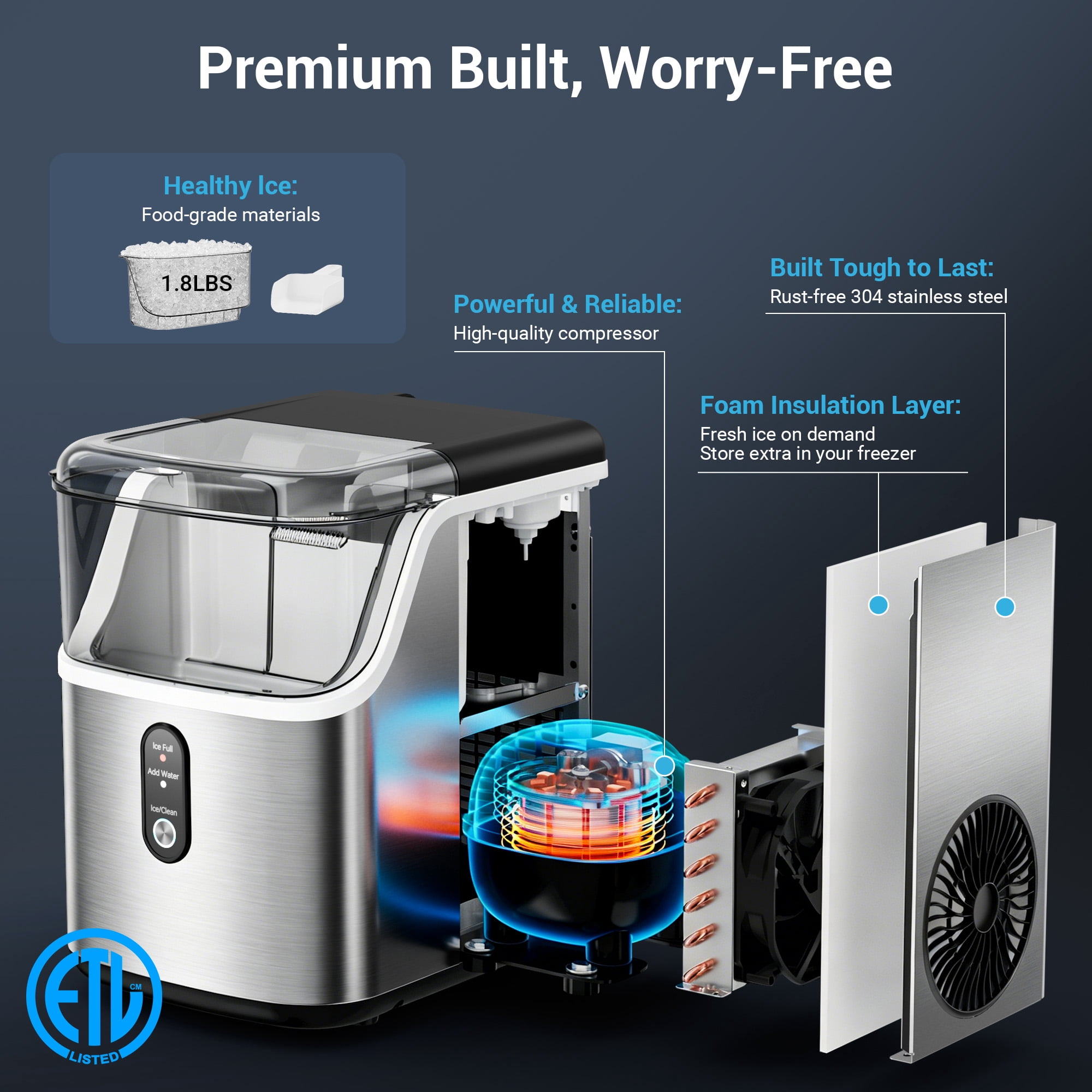 Snowyermine 35lb Nugget Ice Maker Portable Countertop, Pebble Crushed Soft Chewable Ice Maker Machine, Stainless Steel