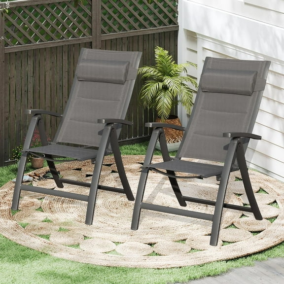 Domi Outdoor Living Set of 2 Folding Outdoor Reclining Chairs with Adjustable Backrest and Padded Textilene Seat, Portable Aluminum Frame Patio Camping Chairs with Headrest