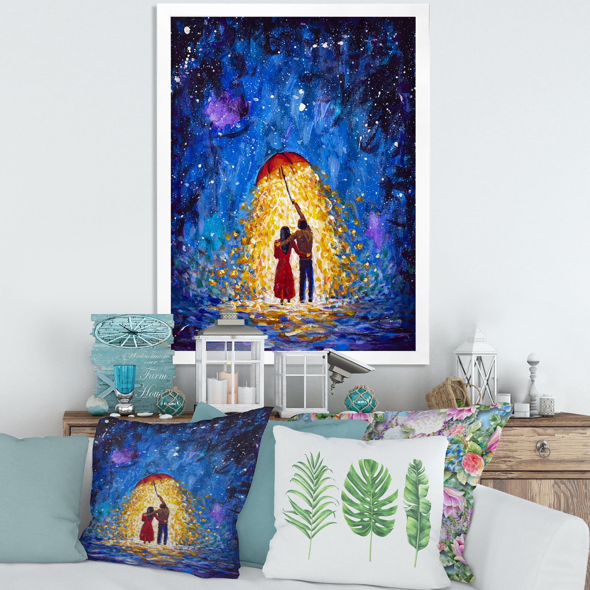 Designart 'Abstract Couple In Love Walks Under Glowing Umbrella' French Country Framed Art Print