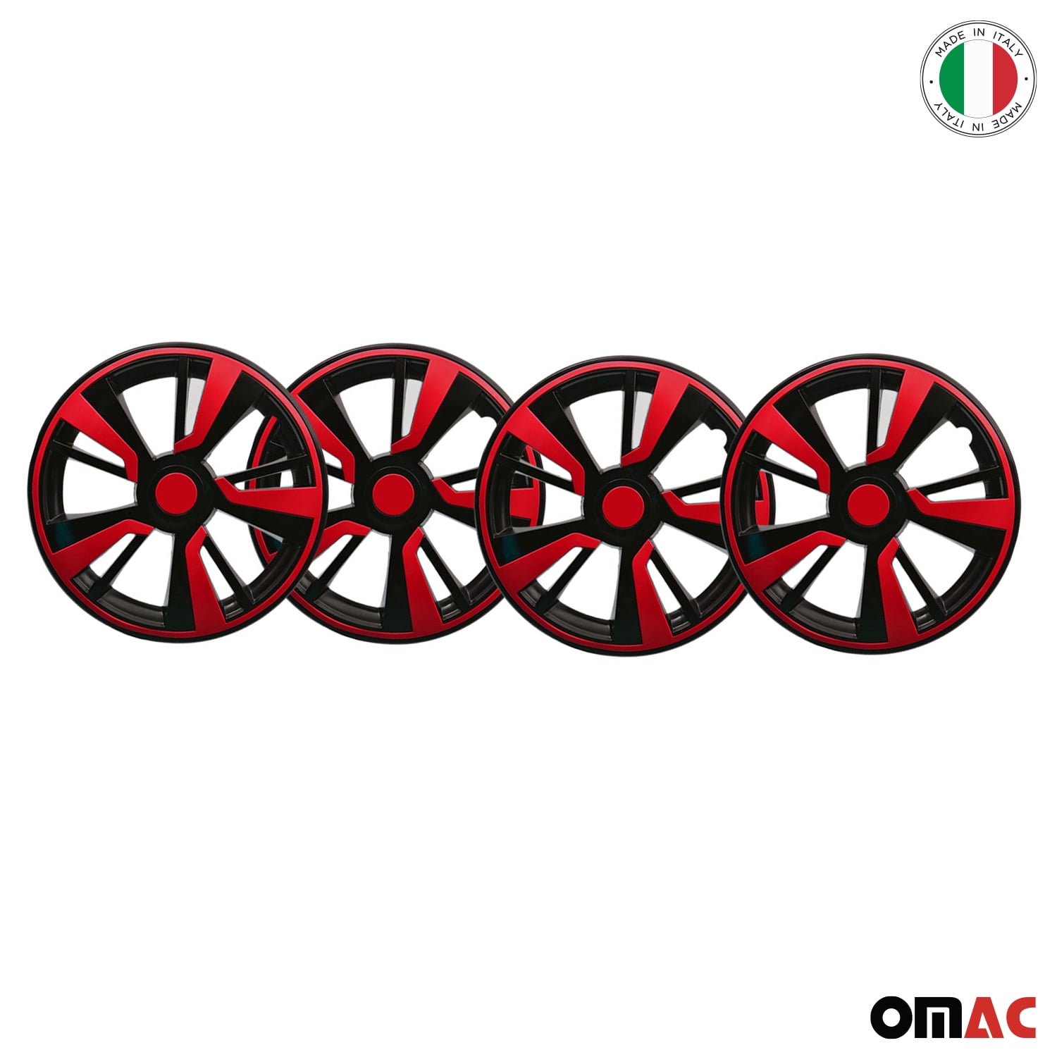 OMAC 14" Wheel Covers Black & Red 4 Pcs Hub Caps Set fits R14 Tire Steel Rim