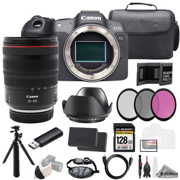 Canon EOS R8 Camera   RF 24-105mm f/4L IS USM Lens 128GB   Ext Bat  3 PC Filter- Kit (International Version)