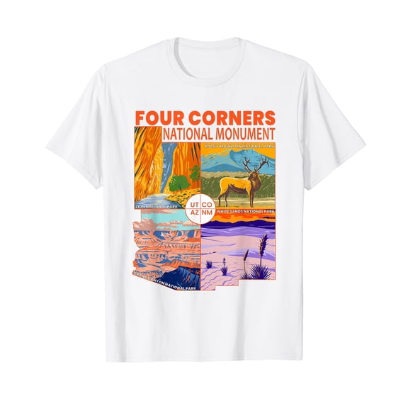 Four Corners National Monument With National Parks Retro Short Sleeve White T-Shirt