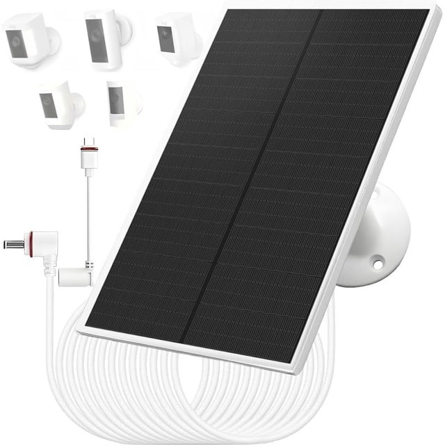 Cargador de panel solar de 6W/5V con dos cotor DC3.5x1.35 y USB-C, cable de carga de 9.8 pi, IP65, coatible con Ring Spotlight Cam Plus/Pro, Stick Up Cam Battery 2nd/3rd Generation