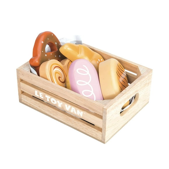 Le Toy Van - Educational Wooden Honeybee Market Baker's Basket Crate | Wood Play Food | Supermarket Pretend Play Shop Food