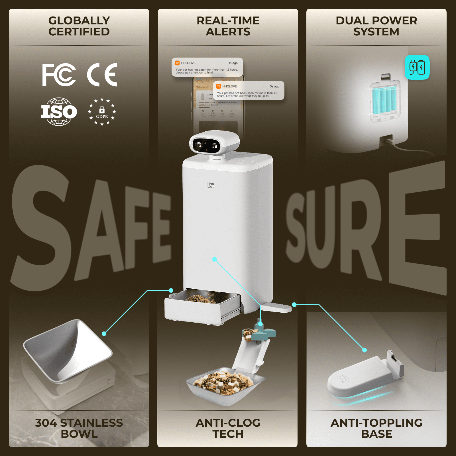 HHOLOVE Automatic Cat Feeder with Camera AI-Powered, 2k HD Video Night Vision, 5G/2.4G Wi-Fi Programmable, 2-Way Audio, Low Food Alert, Blockage Sensor, 1-Year Subscription Version