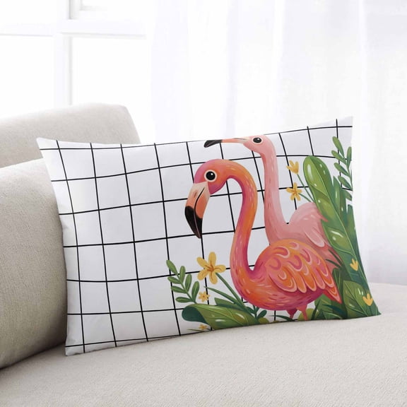 Flamingo Throw Pillow Covers, Summer Botanical Flowers Tropical Leaves Plaid Soft Breathable Pillow Cases with Invisible Zipper for Sleeping, Small Pillowcases for Couch Bed Sofa Chair 16x24 Inches