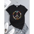 thumbnail image 1 of [Floral Print Casual Crew Neck] Floral Peace Sign Print T-Shirt, Casual Crew Neck, Cotton Knit Fabric with Medium Stretch, Breathable & Comfortable, for all Seasons, 1 of 6