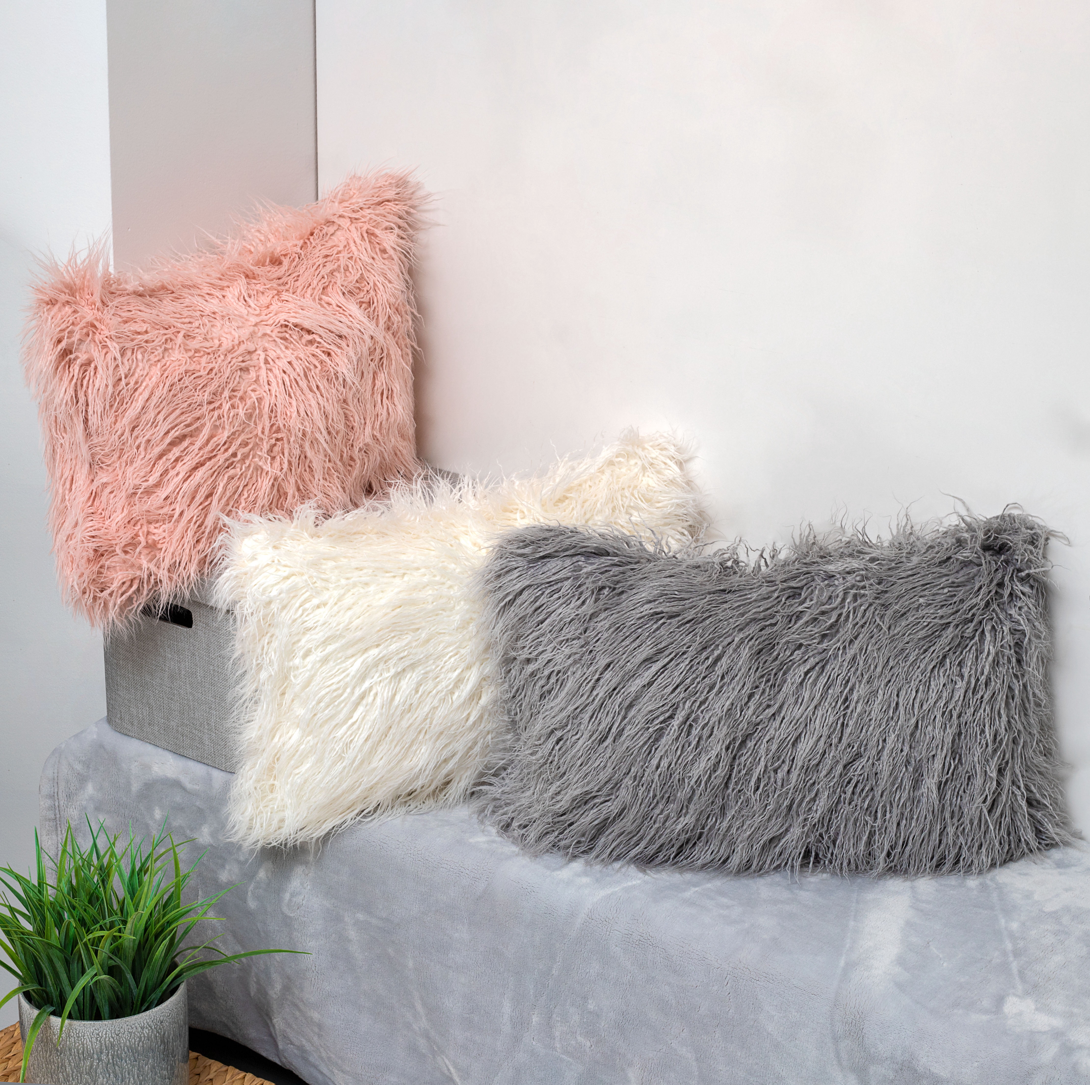 Better Homes & Gardens Feather Filled Velvet Square & Mongolian Faux Fur Oblong Decorative Throw Pillows, Blush & Gray, 2 Piece Set