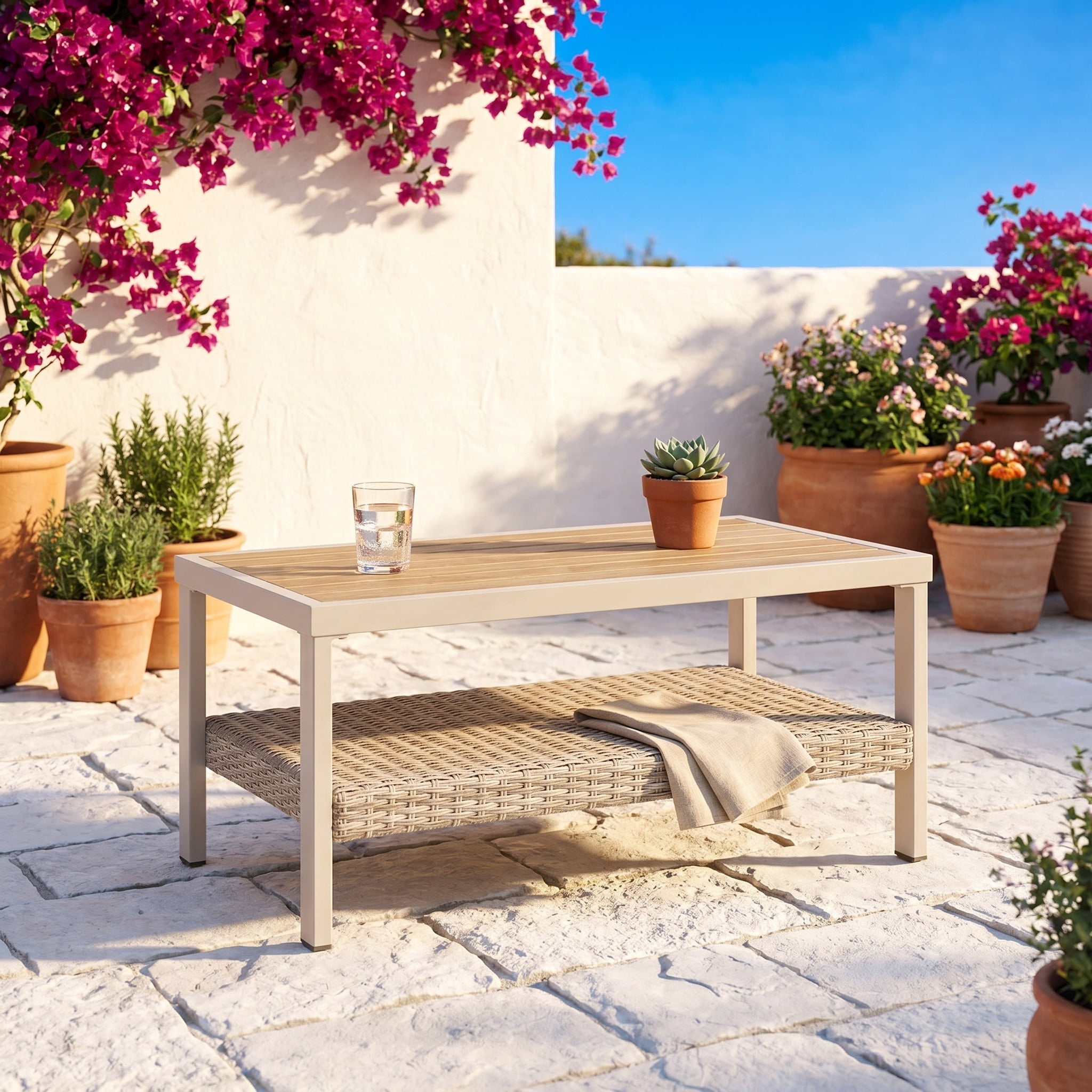 Nordic Hygge Modern Minimalist Patio Table with Integrated Storage Shelf – Weather-Resistant Powder-Coated Finish – Bone