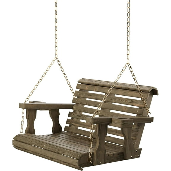 Amish Casual 3 Foot Roll Back Porch Swing with Cup Holders in Dark Walnut Stain - Amish Made in The USA from Treated Pine Heavy Duty 700 Lb. Weight Capacity