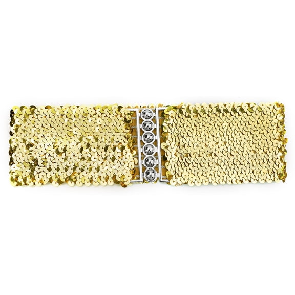 INSPIRE CHIC Ladies Sequins Decor Metal Interlocking Buckles Elastic Waist Belt One Size Gold