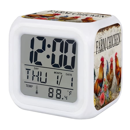 Farm Rooster Digital Alarm Clock for Bedrooms,Smart LED Alarm Clock with 7 Color Changing Night Light,Country Vintage Barn Chicken Flowers Wooden Silent Wake Up Clocks for Sleep Study 3.2x3.2