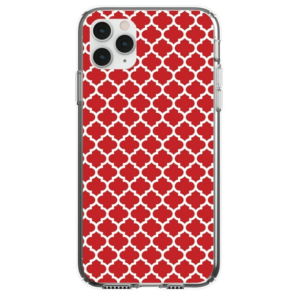 DistinctInk Clear Shockproof Hybrid Case for iPhone 11 (6.1" Screen) - TPU Bumper, Acrylic Back, Tempered Glass Screen Protector - Red White Moroccan Lattice