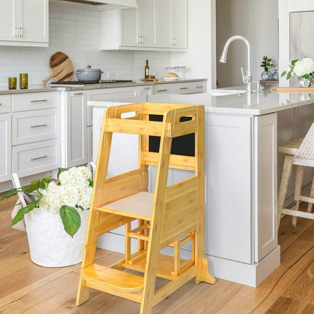 TOETOL Bamboo Kid Step Stools, 2 Steps,Learning Kitchen Stool Standing